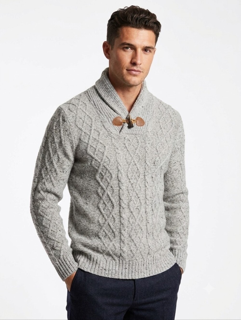 Men's Shawl Collar Cable Knit Sweater - Light Gray